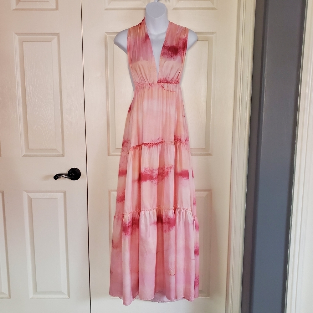 Mundefeis‎ Backless Sleeveless Pink Tie-Dyed Maxi Dress Tiered Peasant Bohemian